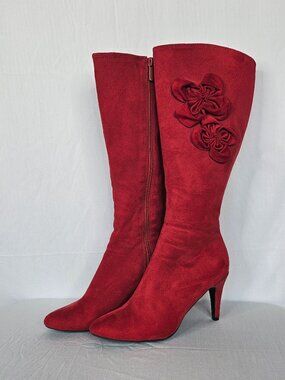 Red Knee High Boots | Velour Floral Appliqué | Stiletto Heel | Size 6